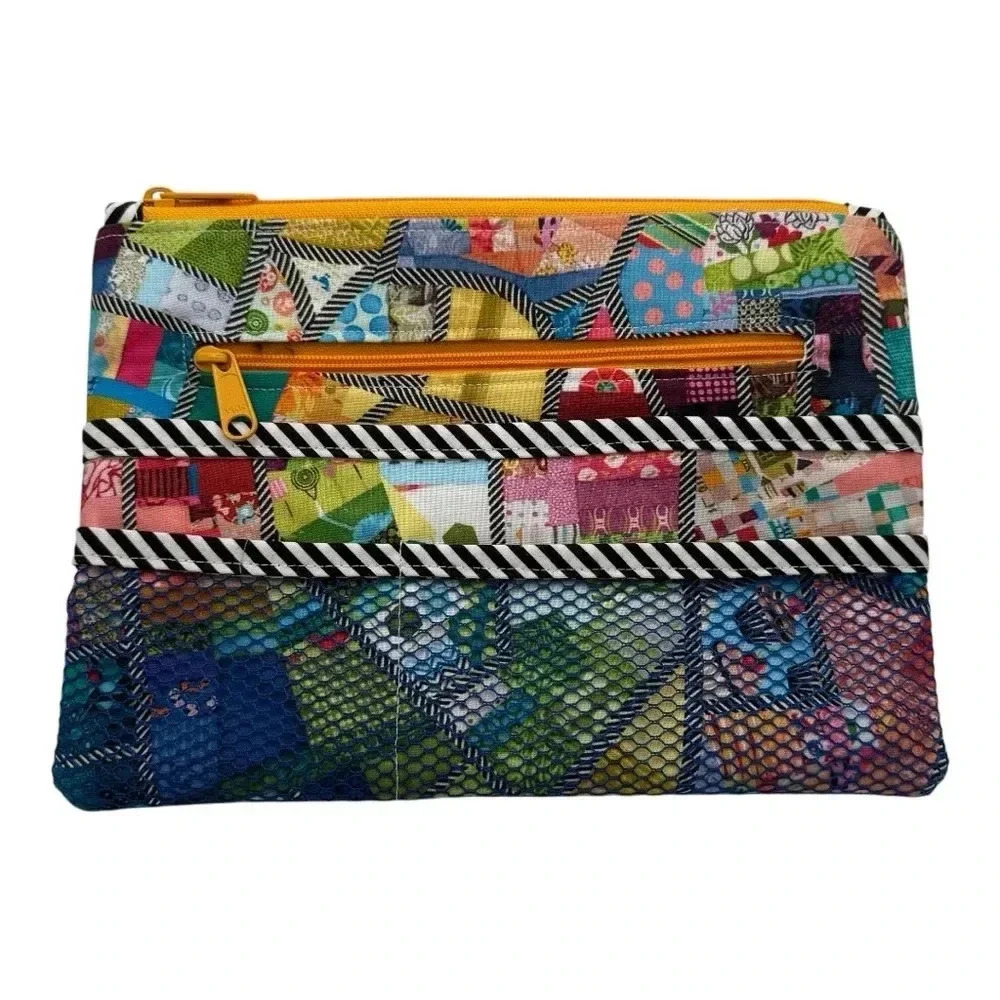 Colorful Patchwork Abstract Geometric Boho Multi Pocket Cosmetic School Bag
